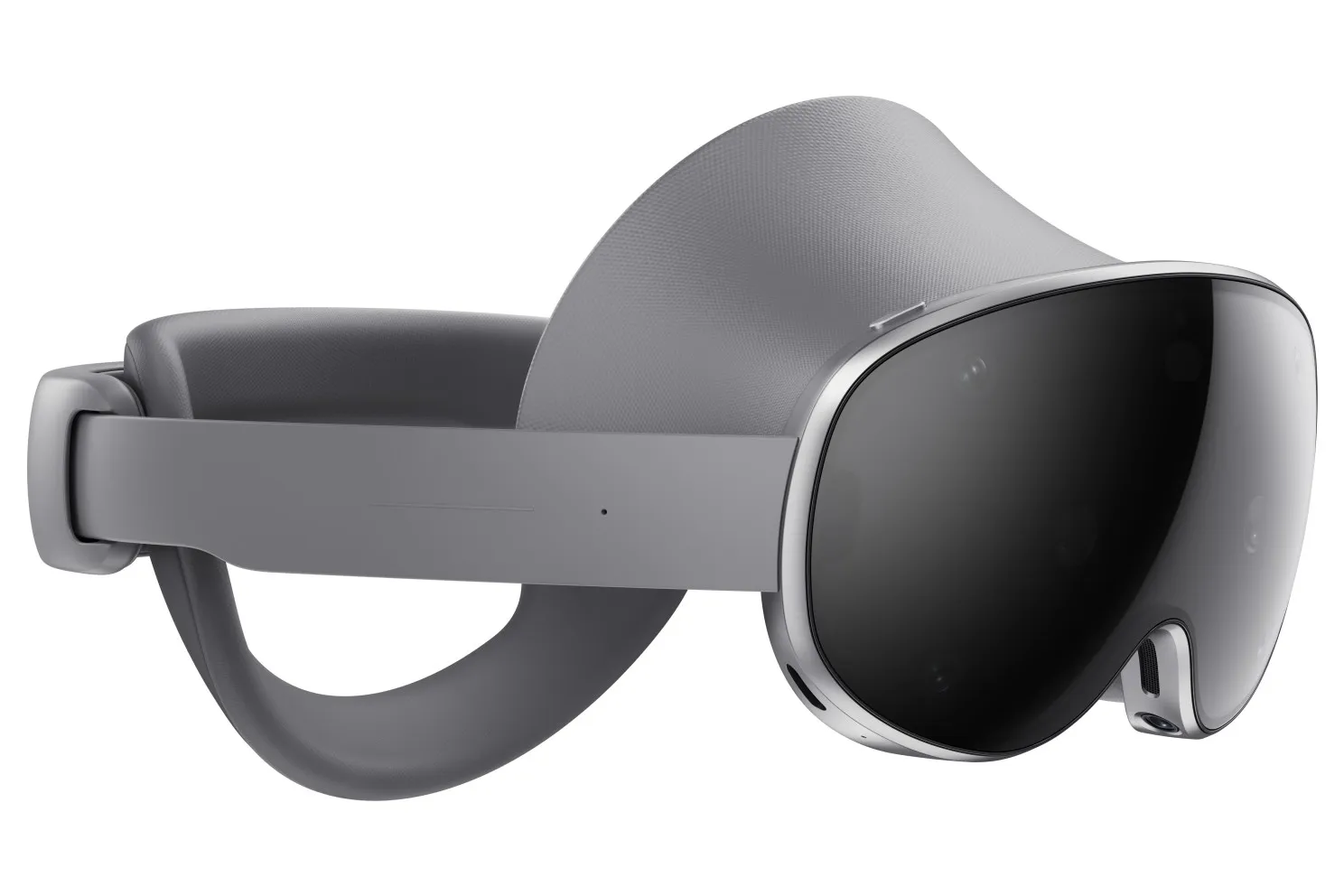 Gray Samsung Galaxy XR headset with a dark visor, head strap and forehead pad, shown from the front at an angle on a plain background