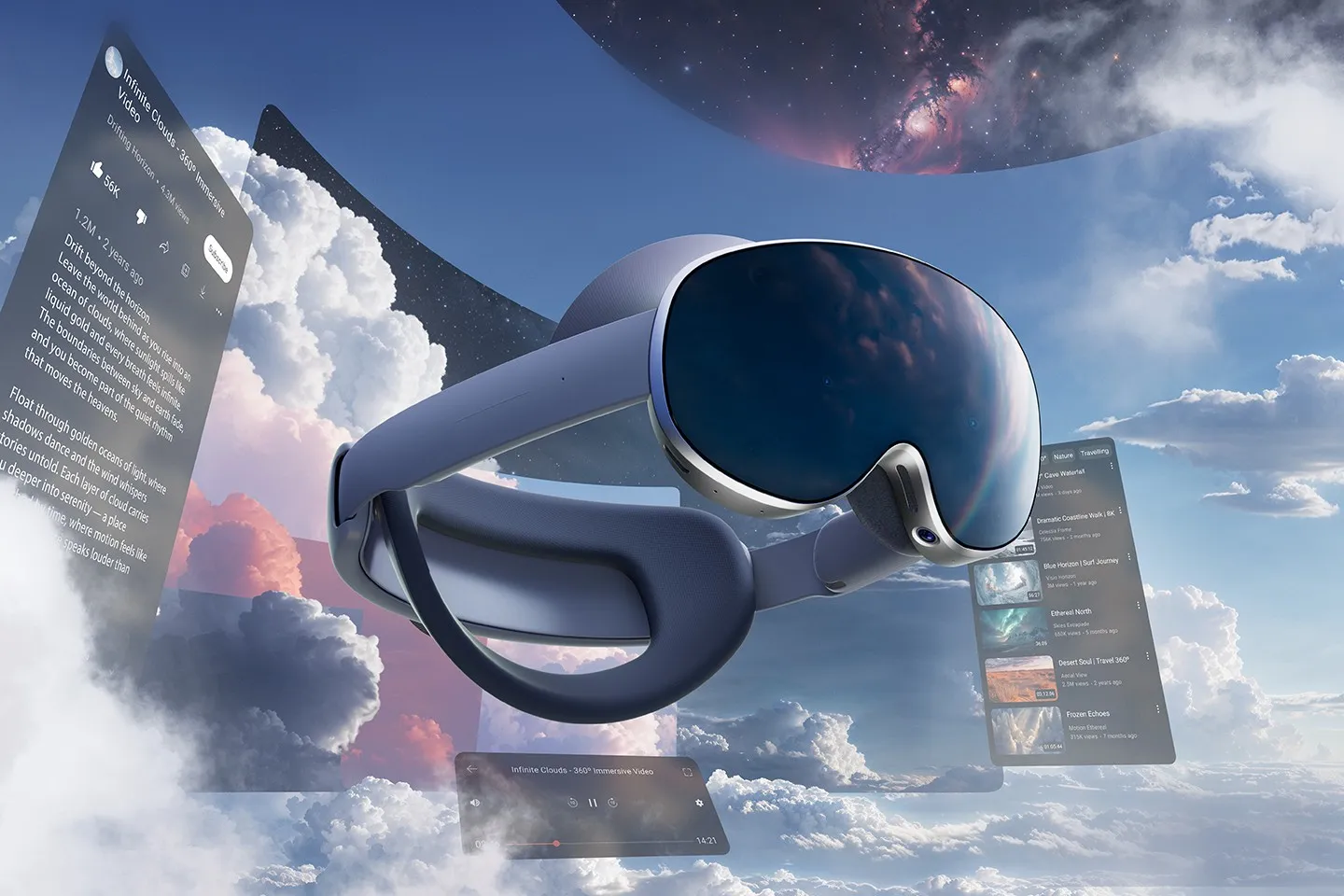 Samsung Galaxy XR headset floating among clouds, surrounded by virtual windows with a list of 360° videos