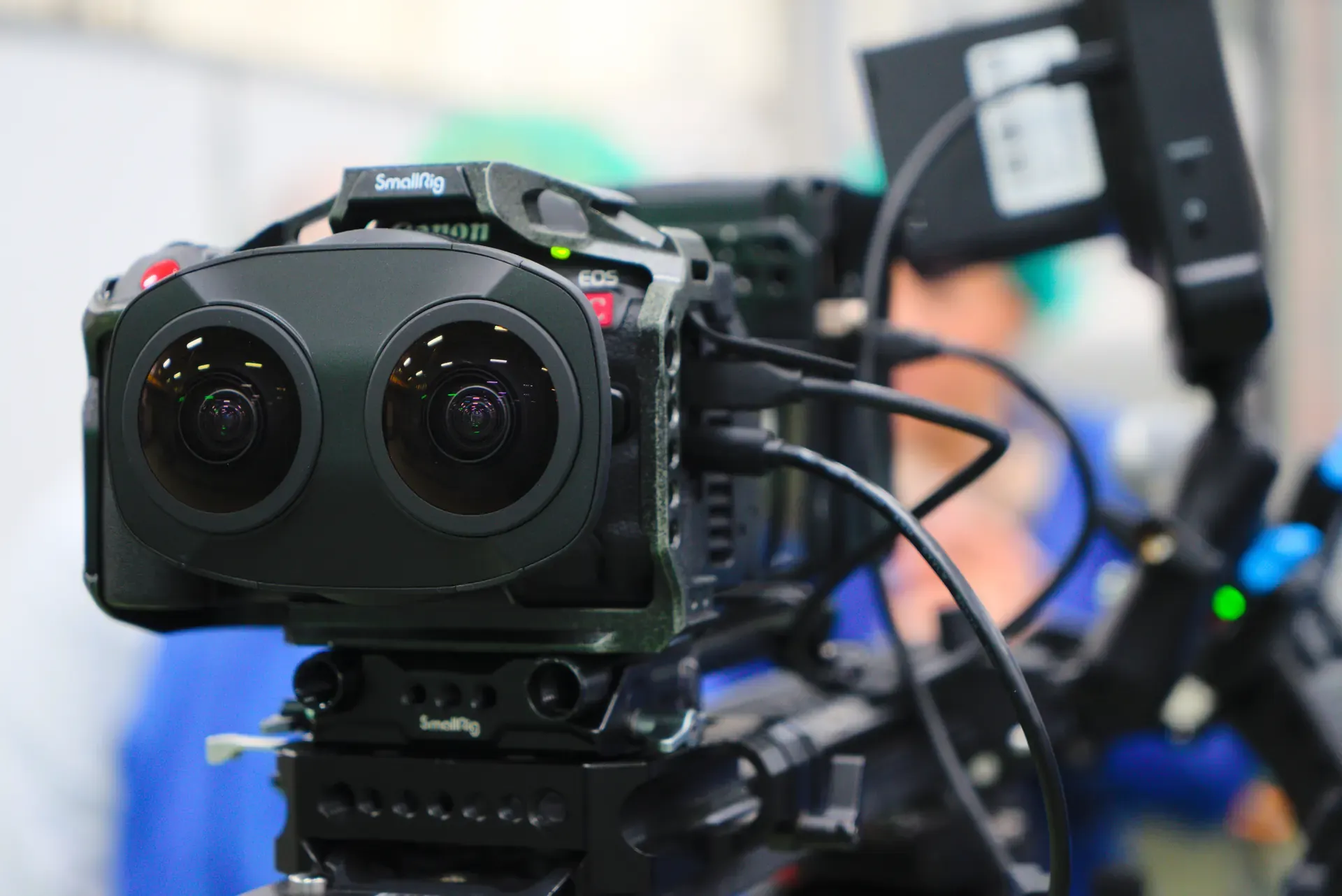 Close-up of a 3D camera with two fisheye lenses for 180° video