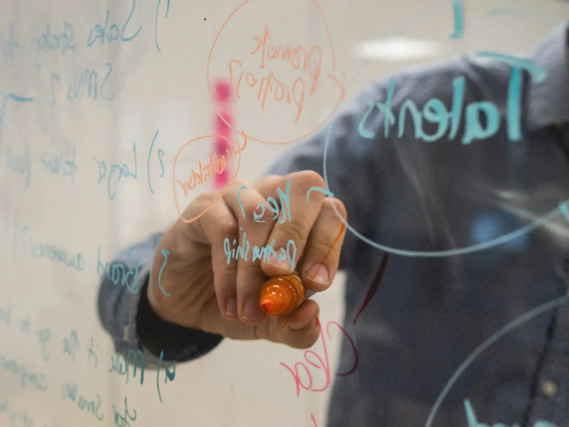 Hand with an orange marker writing notes on a glass wall, with a man in a denim shirt out of focus behind it
