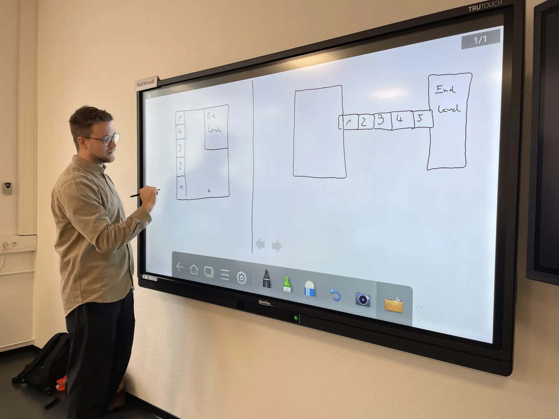 Man with glasses drawing a sketch with five numbered stations and a final level on a large touchscreen