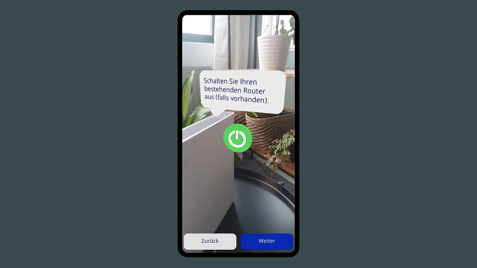 Bildschirm der App: Am Router erscheint ein Hinweis, den bestehenden Router auszuschalten, darunter ein grüner Einschaltknopf