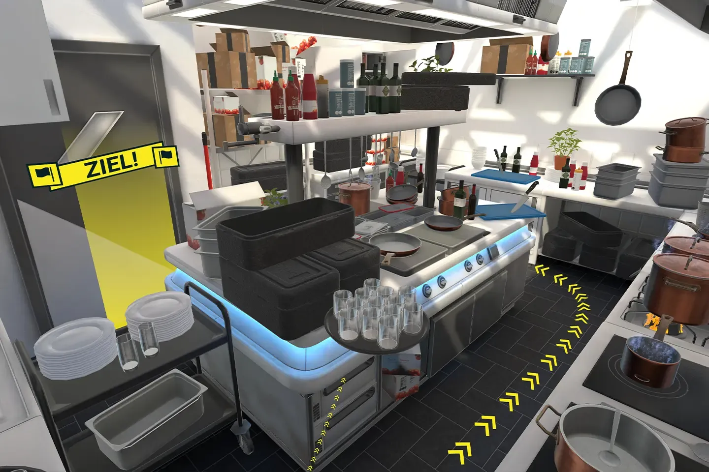Virtual kitchen with a tray full of glasses on the cooking island and the yellow finish banner on a door