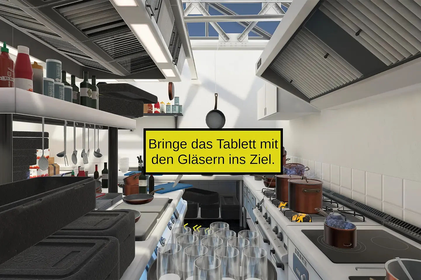 Tray with glasses in the virtual kitchen, above it the German instruction to carry the tray of glasses to the finish