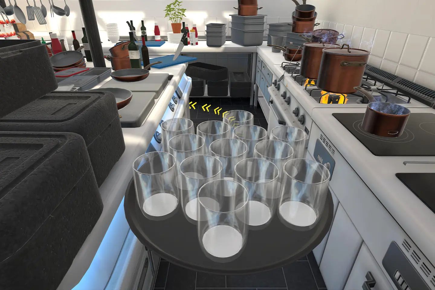 Tray with twelve glasses from the player’s point of view between the stove and the counter