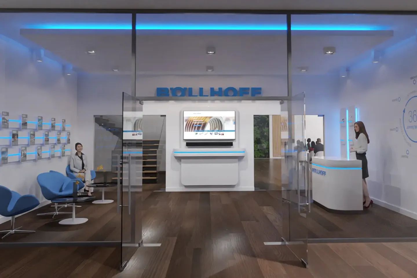 View through a glass door into Böllhoff's virtual reception area with a seating area, a screen, and a reception desk