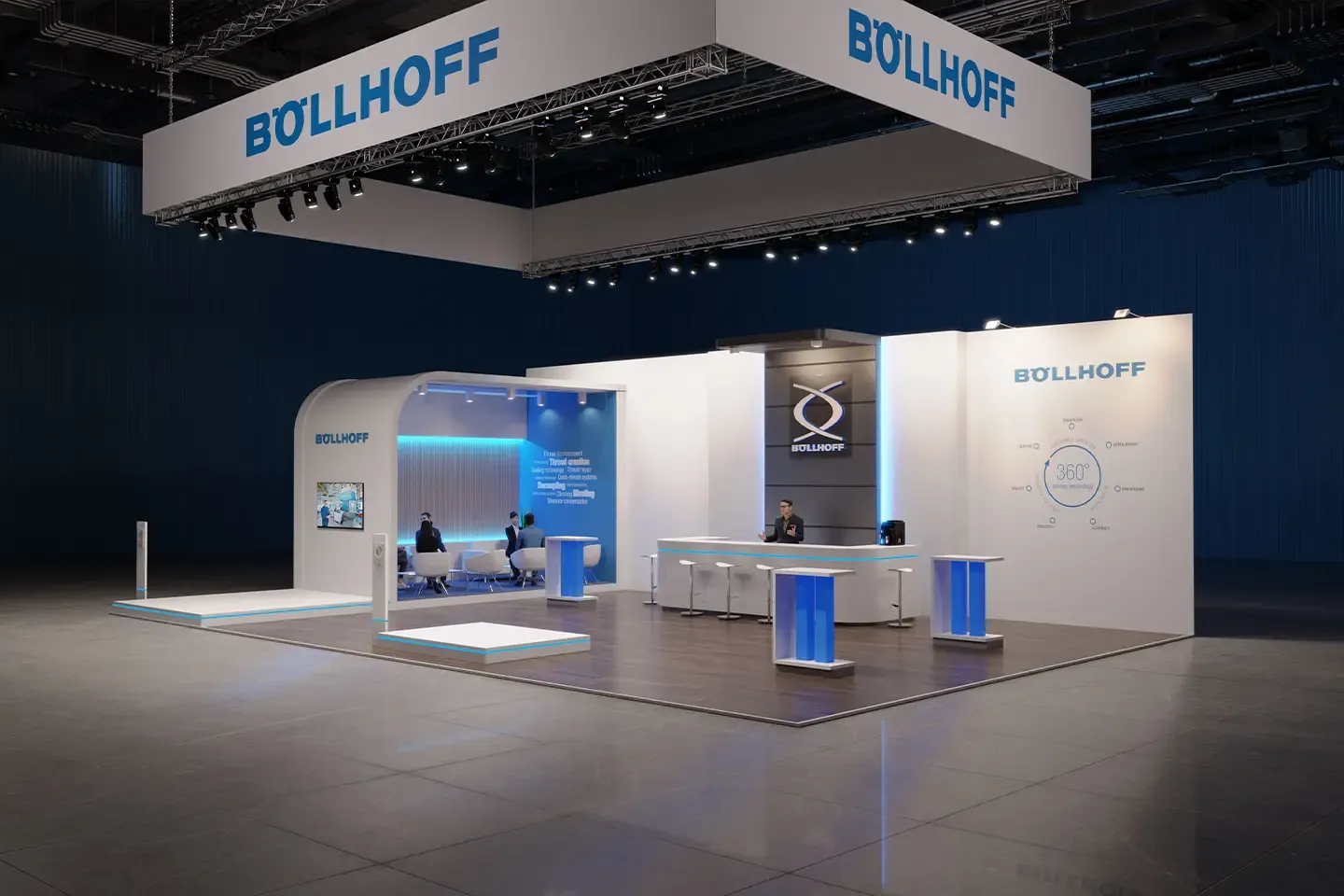 Böllhoff's virtual trade show booth with a counter, standing tables, and a seating area under a hanging banner with the company name