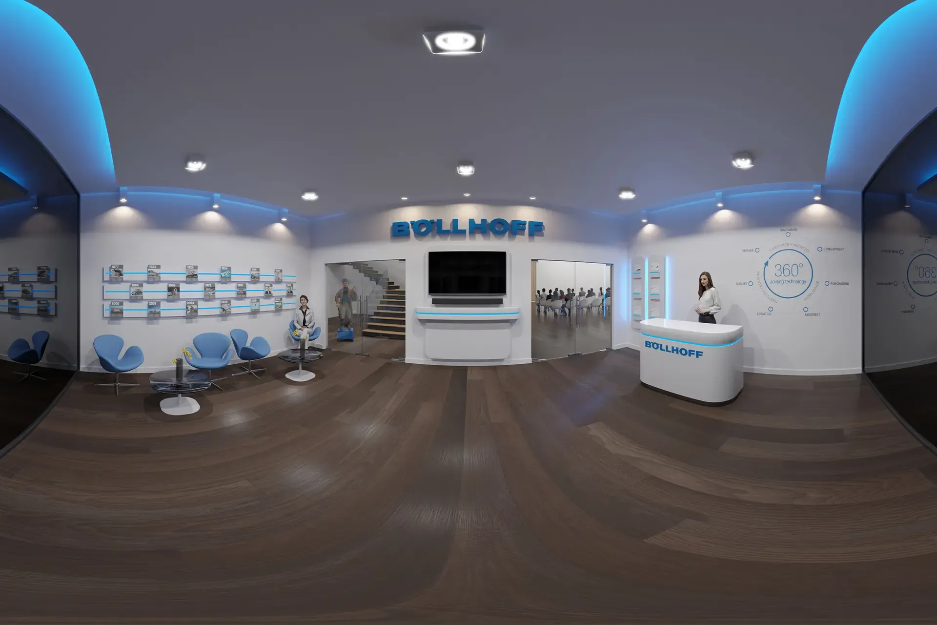 360° view of the Böllhoff virtual showroom with a reception desk, seating area and company timeline on the wall
