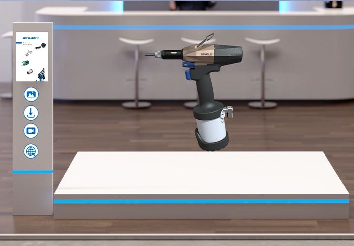 3D model of a setting tool labeled RIVKLE on a pedestal, next to a column with a product sheet and buttons