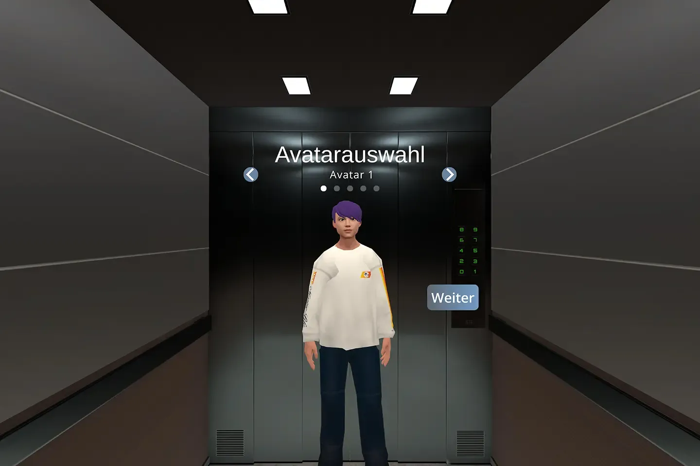 Avatar selection in a virtual elevator: an avatar with purple hair and a “Weiter” (Next) button