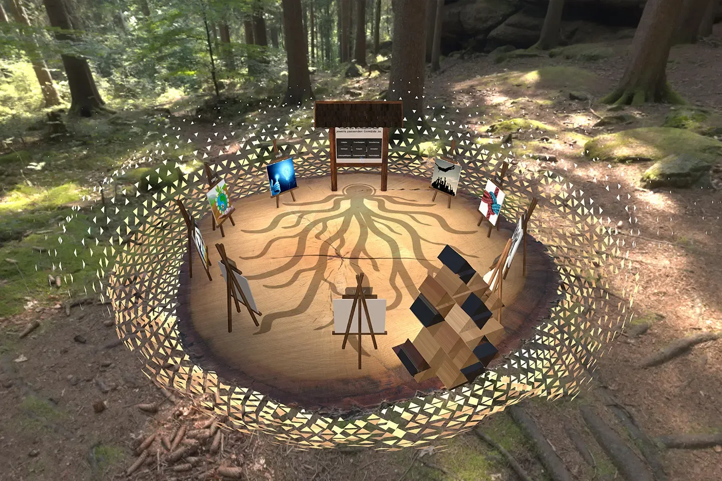 Virtual tree slice in a forest with easels, pictures, and a board for a matching game