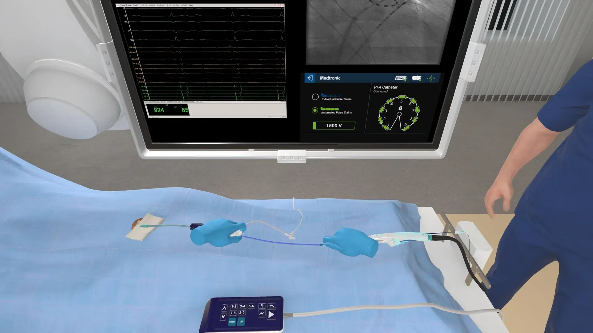 Virtual hands in blue gloves guide a catheter at the patient table, with monitors above showing an ECG, an X-ray image, and the generator display