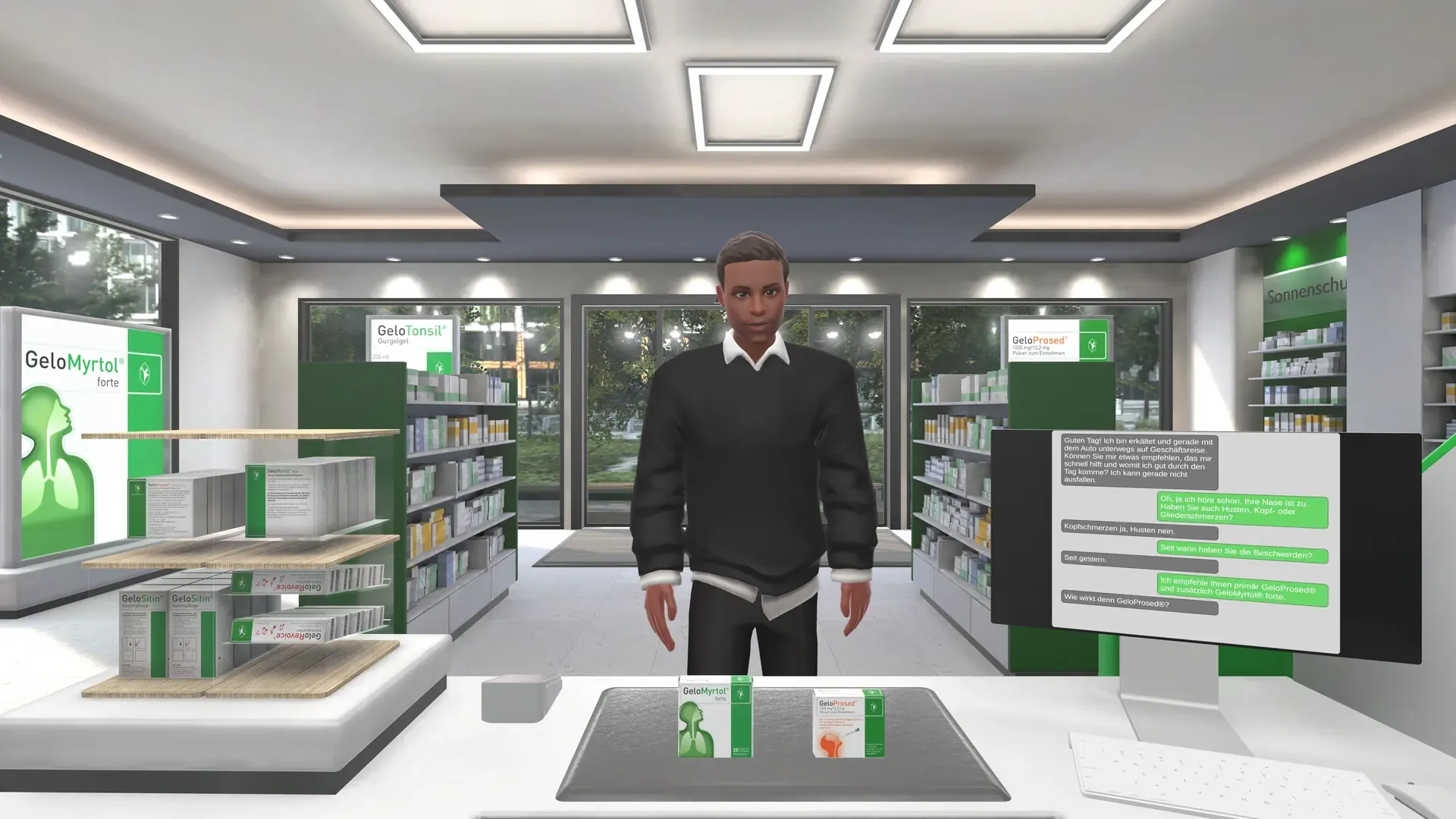 Virtual pharmacy with an avatar as a customer, Gelo products on the counter and a conversation shown on a screen