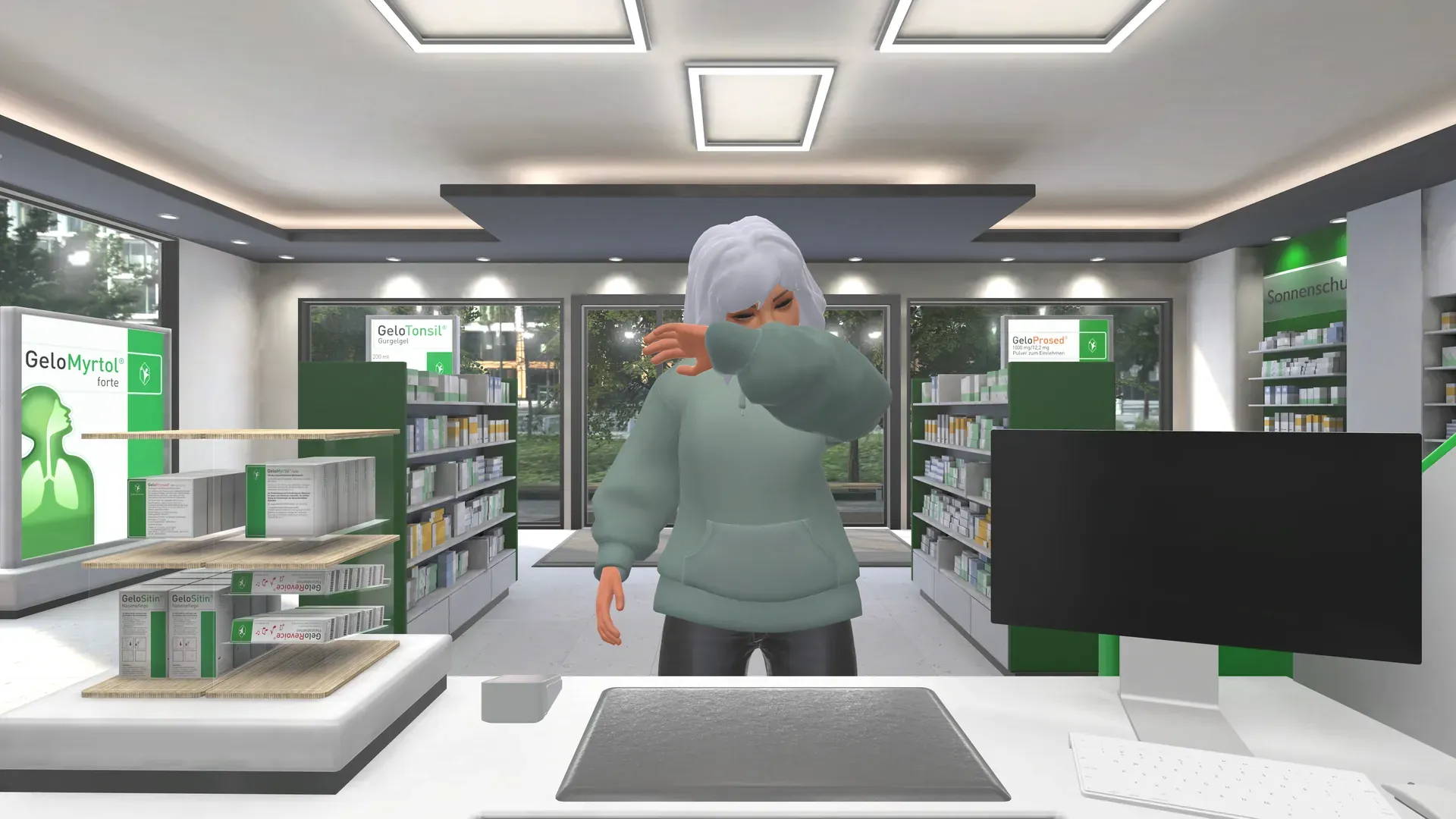 A virtual customer sneezes into the crook of her arm in front of the sales counter of the virtual pharmacy