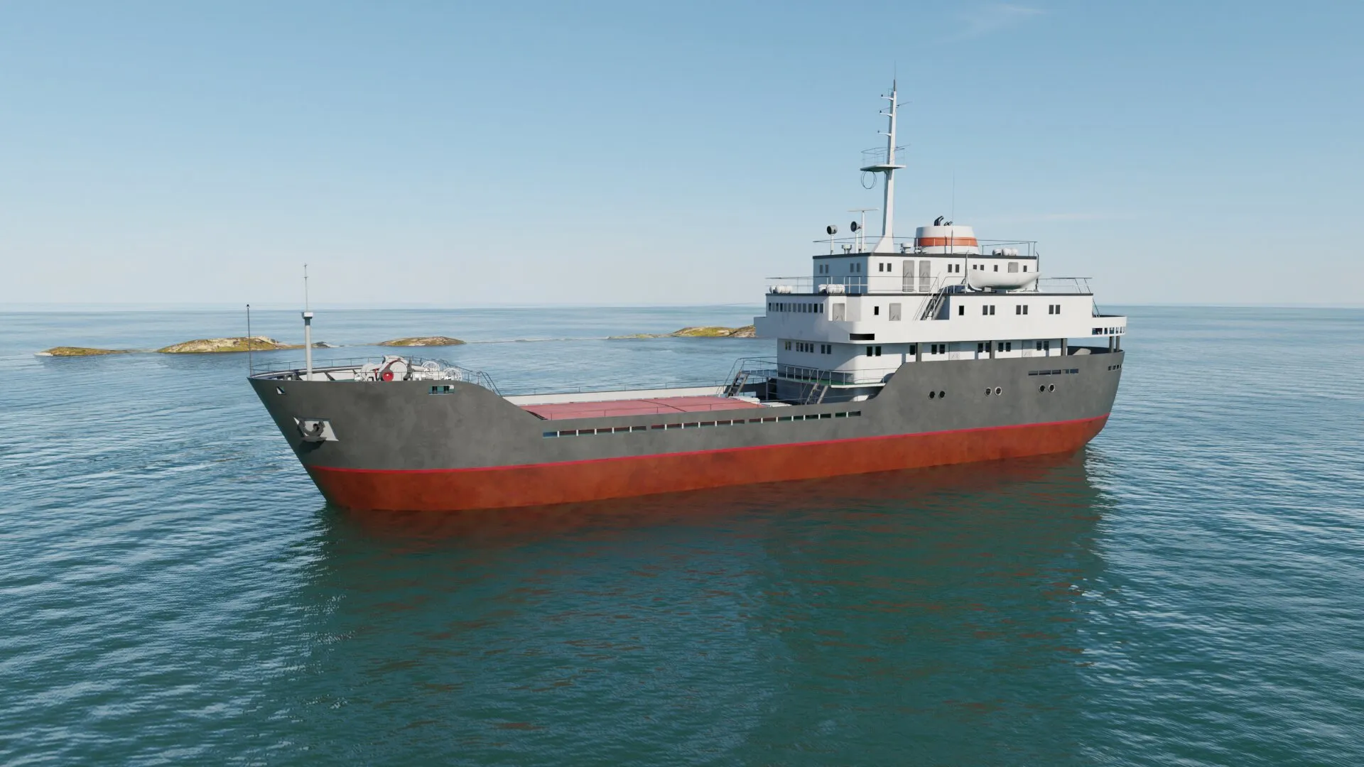 Ein Frachtschiff mit rotem Rumpf auf ruhiger See