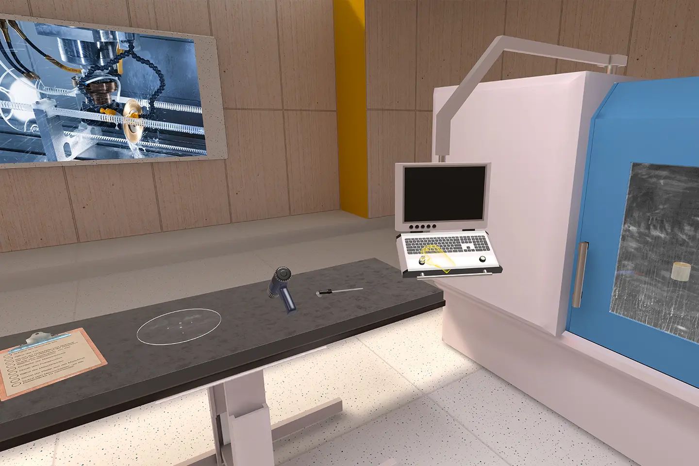 Machining job simulation with a milling machine, a control panel, and a workbench with tools and a checklist on a clipboard