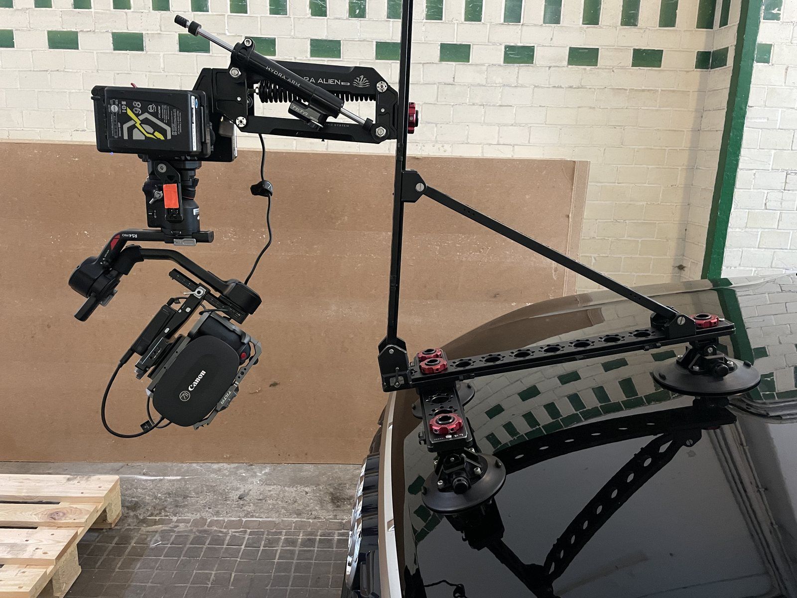 Camera on an articulated arm, mounted to a car with suction cups