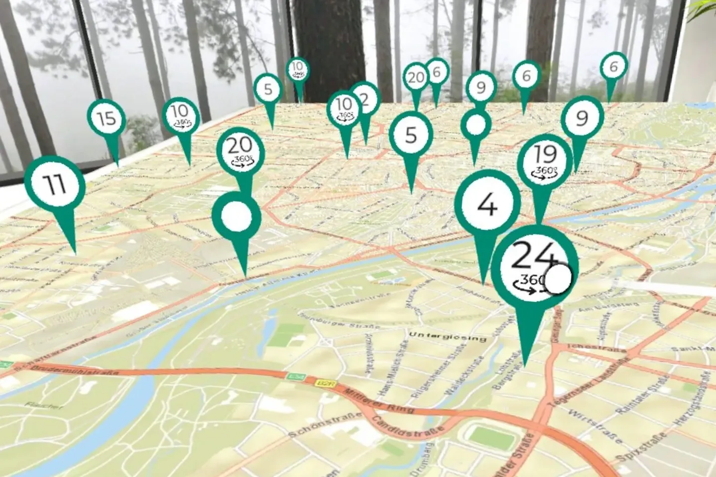 Virtual map of Munich with numbered green location markers, some with a 360° icon