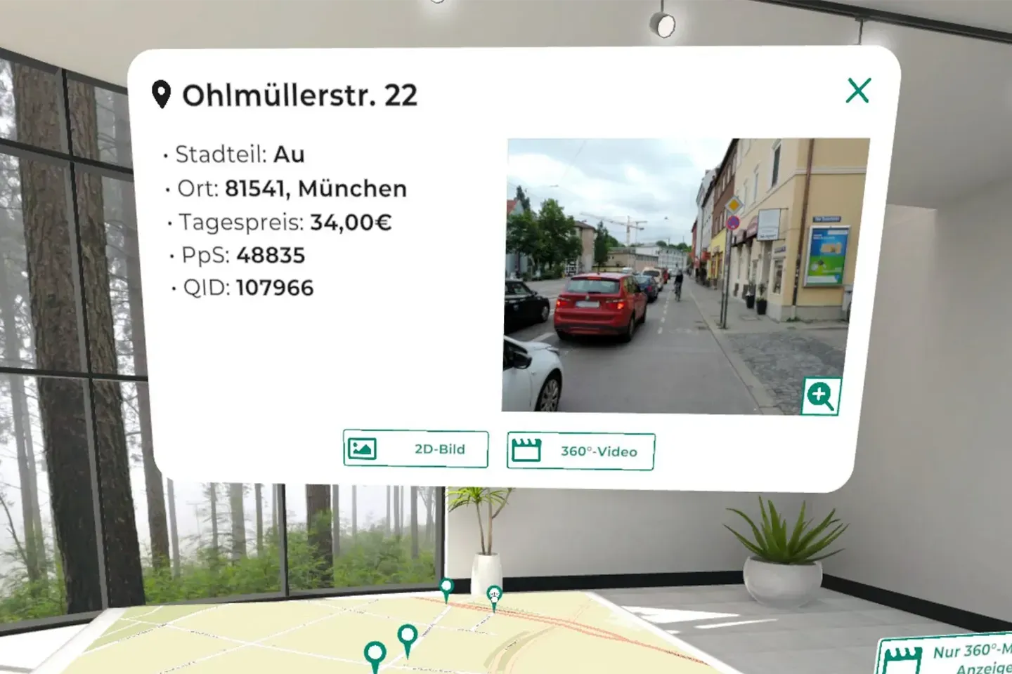 Info panel for the billboard at Ohlmüllerstr. 22 with district, daily rate, street photo, and buttons for a 2D image and a 360° video