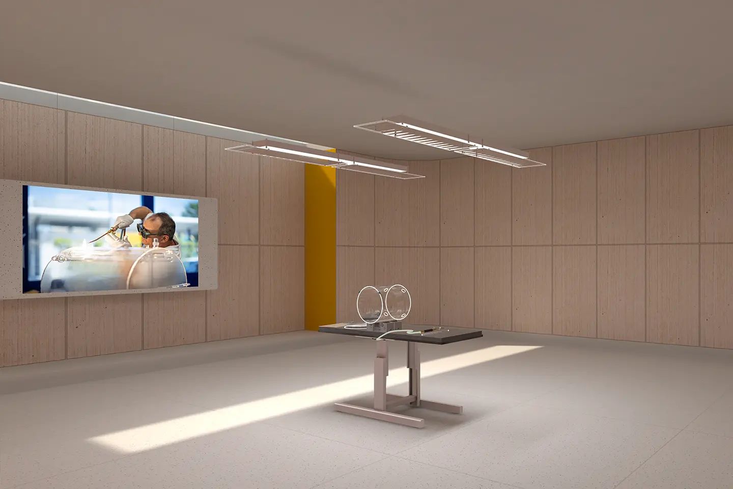 Room of the hot working job simulation with a workbench and a glass component, and on the wall a video of a glass apparatus maker at the burner