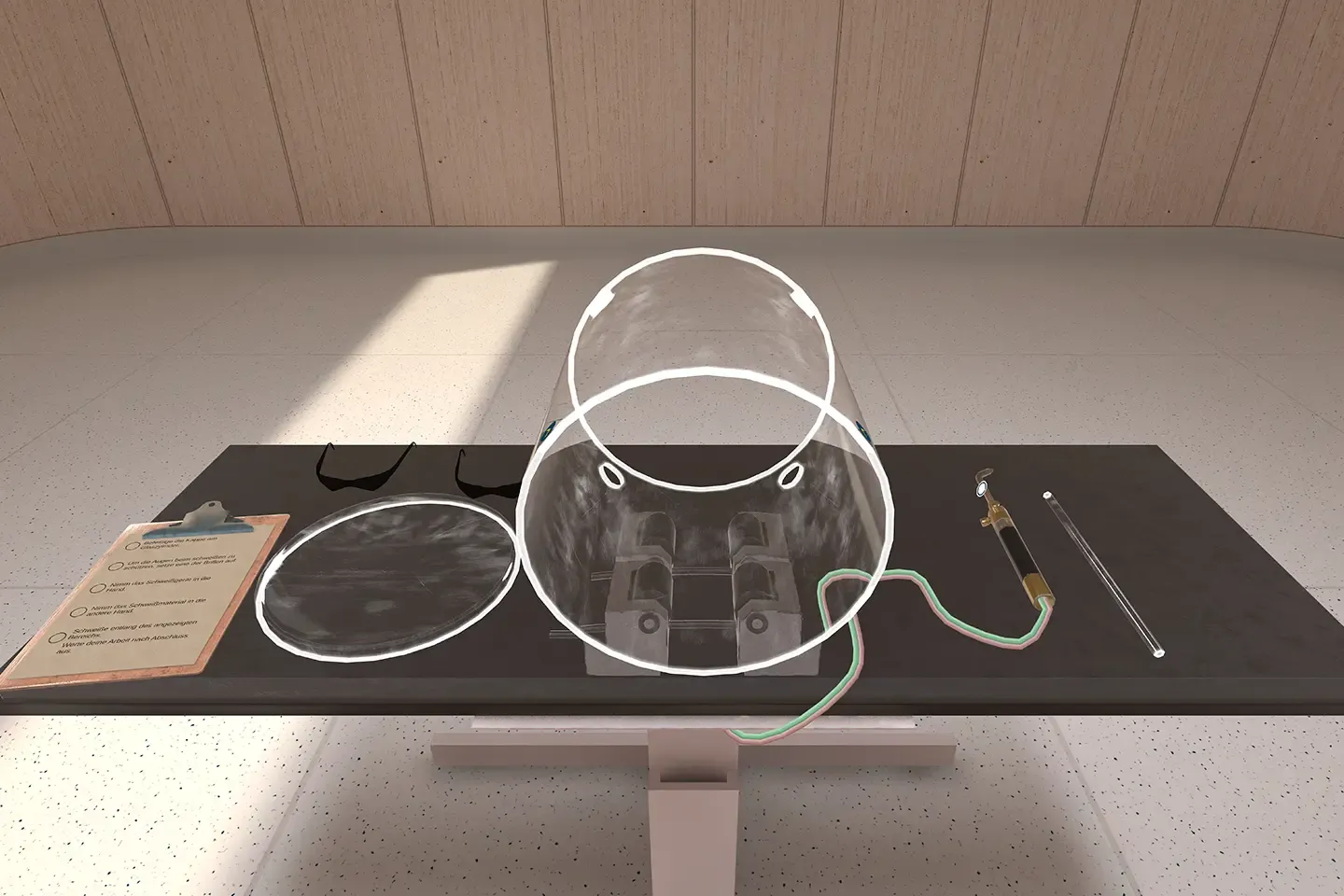 Workbench in the hot working job simulation with a glass cylinder, safety goggles, a gas burner, a glass rod, and a checklist