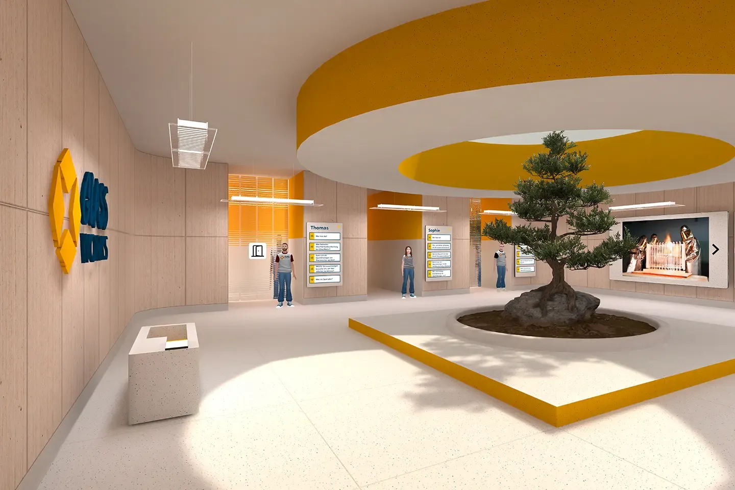 Virtual showroom with the Glass Works logo, a bonsai on a pedestal, and avatars in front of question boards, with a screen showing a video on the right