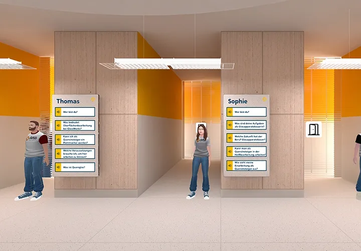 Two avatars next to question boards bearing the names Thomas and Sophie in the virtual showroom