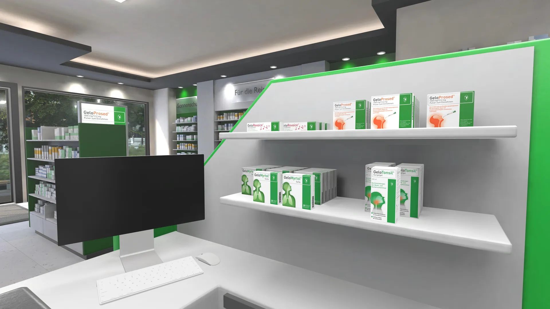 Shelf in the virtual pharmacy with packs of GeloProsed, GeloRevoice, GeloMyrtol forte, and GeloTonsil