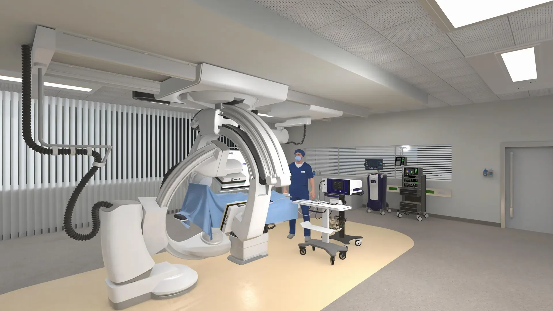 Virtual operating room with an X-ray C-arm, patient table, medical equipment, and an avatar in scrubs