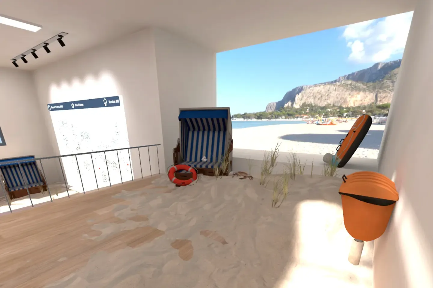 Sandy area with a hooded beach chair and a life ring in the virtual showroom, with a beach and rocky coastline visible through the opening in the wall