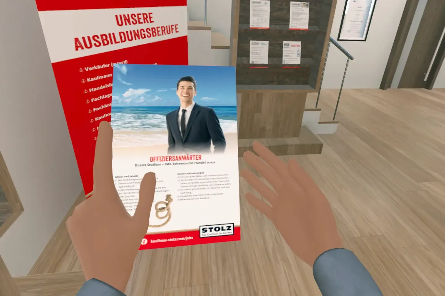 Virtual hands hold a job poster for officer candidates, behind it a display stand titled Unsere Ausbildungsberufe (our apprenticeships)