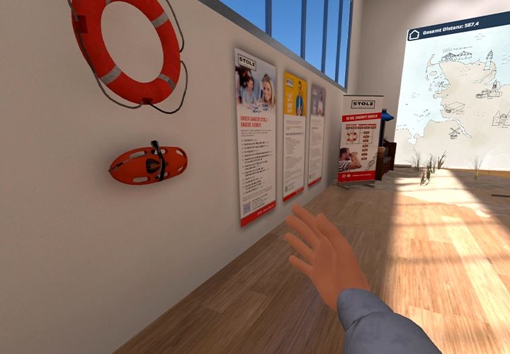 Wall with a life ring and STOLZ job posters in the virtual showroom, with the map for the throwing game on the right