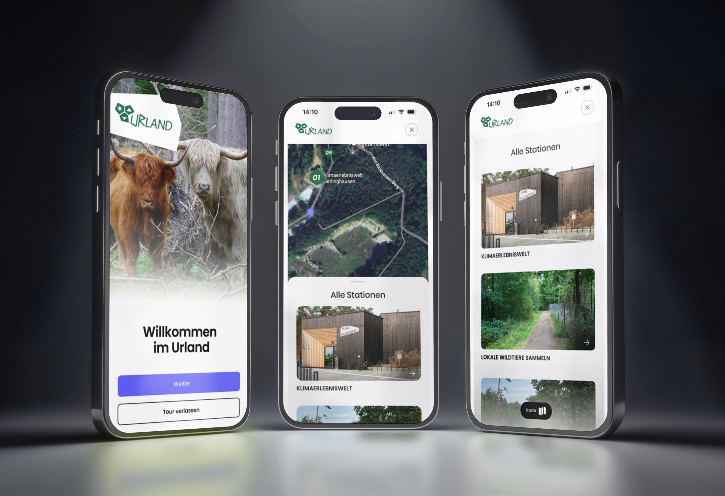 Drei Smartphones zeigen die App zum Klimaerlebnispfad: Begrüßung mit Hochlandrindern, Karte der Route und Liste der Stationen
