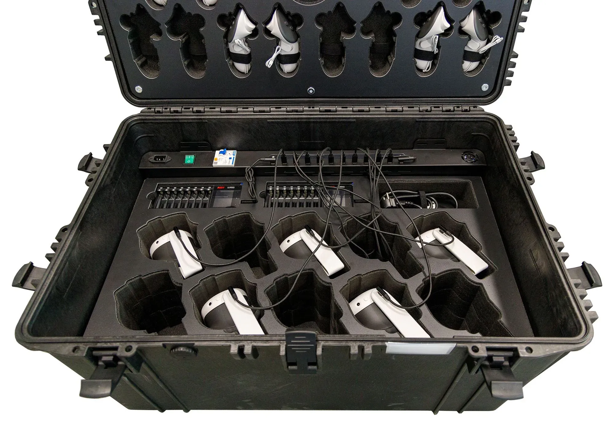 Open carrying case with foam compartments for ten VR headsets and controllers, a built-in charging strip and battery chargers