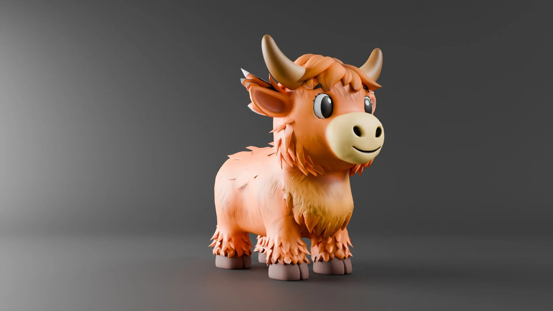 Urli als 3D-Figur: ein orangefarbenes Hochlandrind mit großen Augen und hellen Hörnern