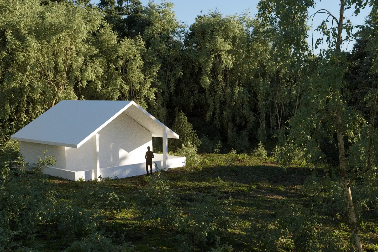 Plain white cabin model in a forest clearing, with the silhouette of a person in front