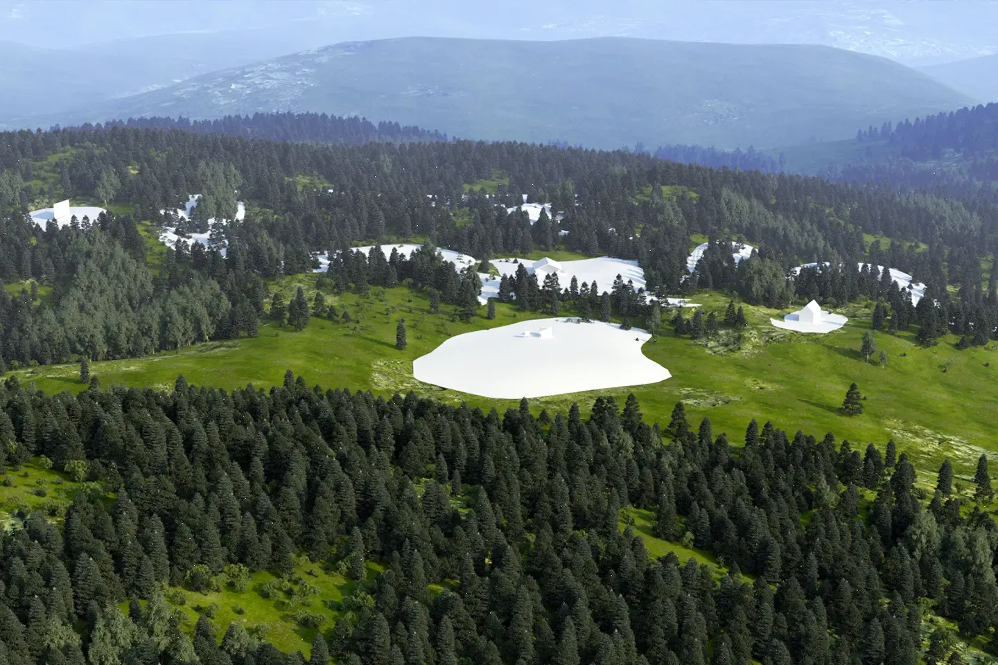 Aerial view of the virtual forest and mountain landscape with white areas on which individual buildings stand
