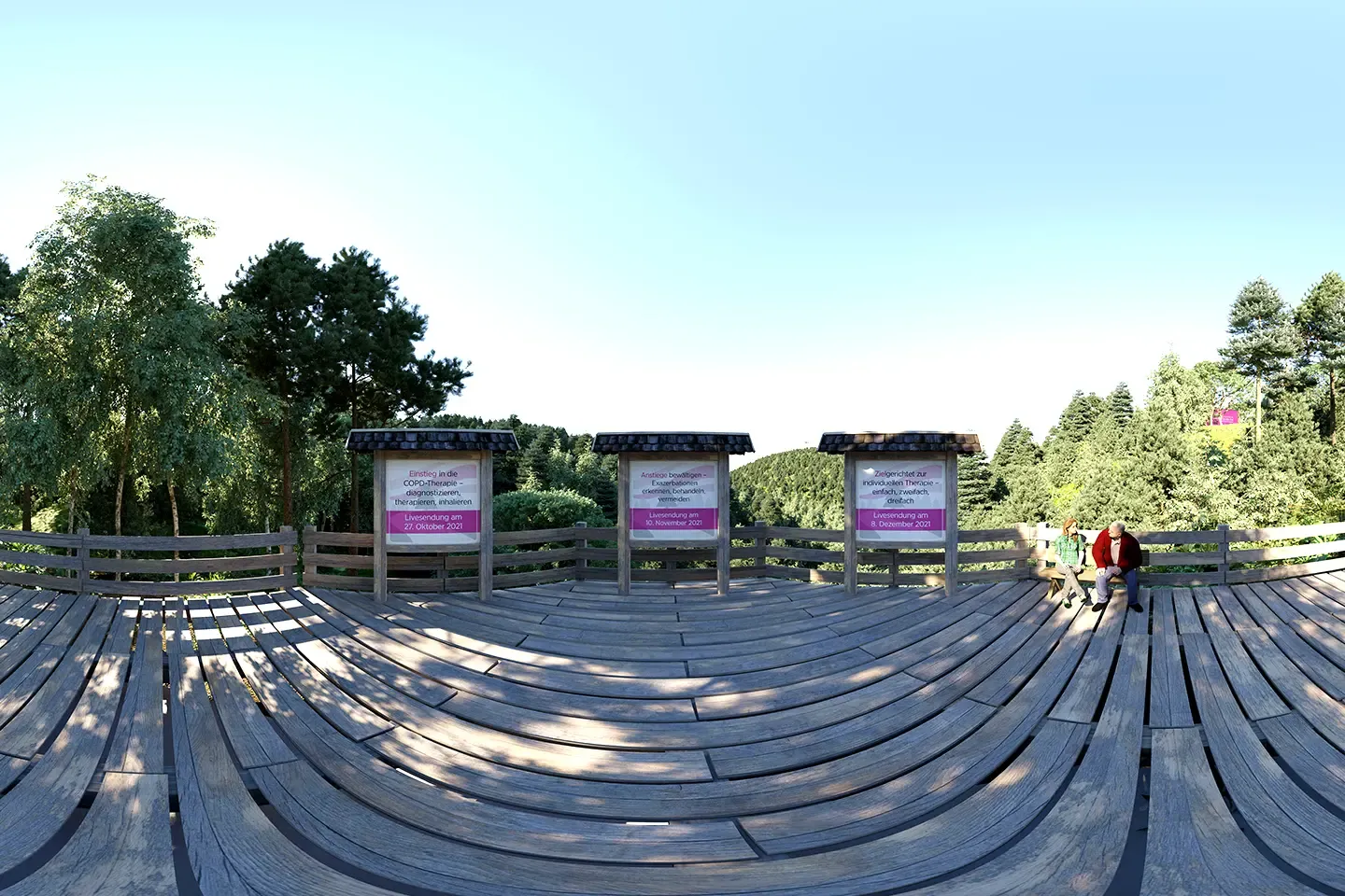 Wooden viewing platform with three information boards about live broadcasts on COPD therapy, with two avatars on a bench to the right