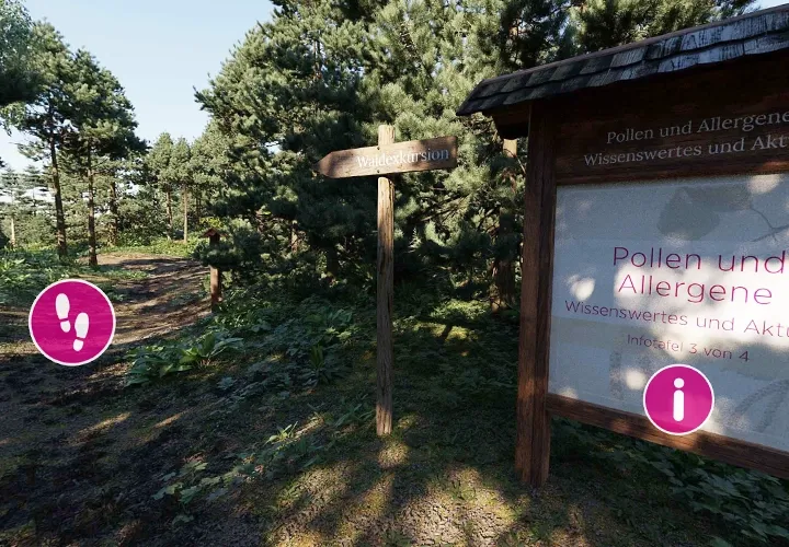 Forest path with a signpost to the forest excursion and an information board about pollen and allergens