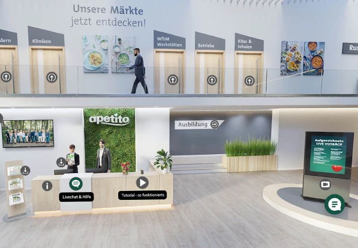 Virtual tour for apetito: a lobby with info points on markets, apprenticeships and talks
