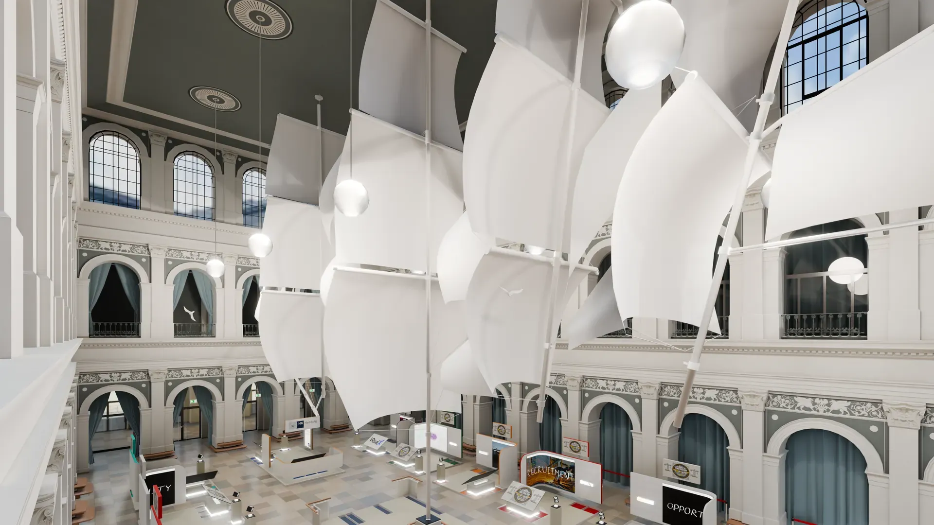 Large white sails hang from the ceiling of the virtual Chamber of Commerce, with the booths below