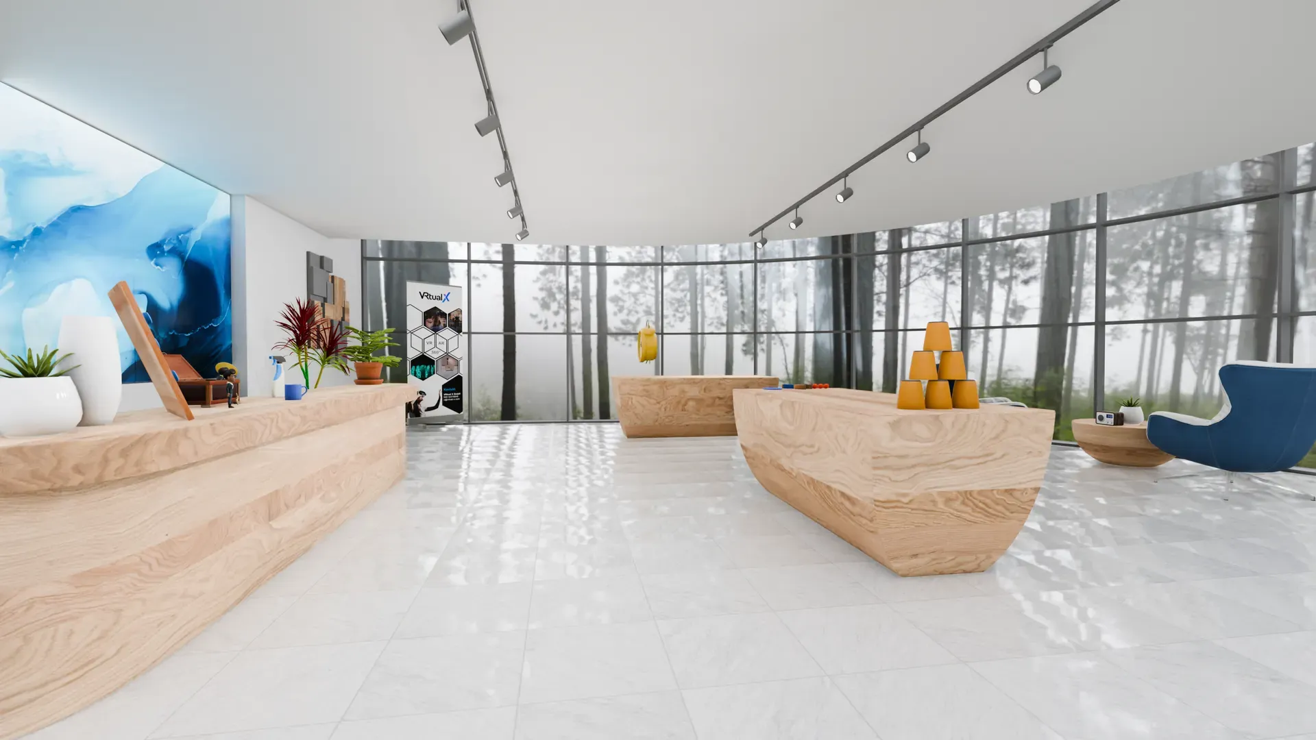 Virtual showroom with a wooden counter, plants, a VRtual X roll-up banner, and windows facing a forest
