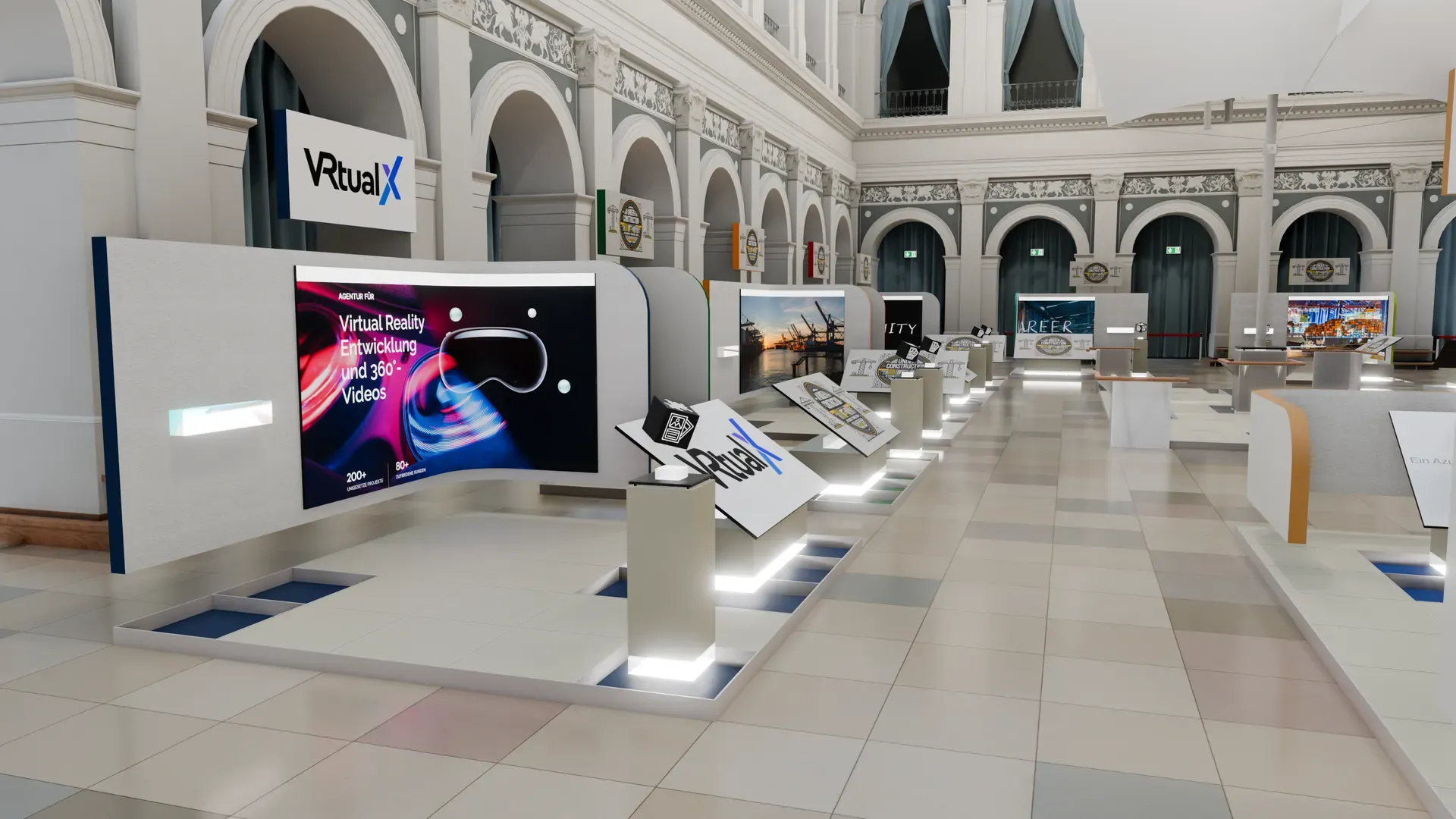 Virtual VRtual X booth in the Chamber of Commerce, with a row of other booths behind it