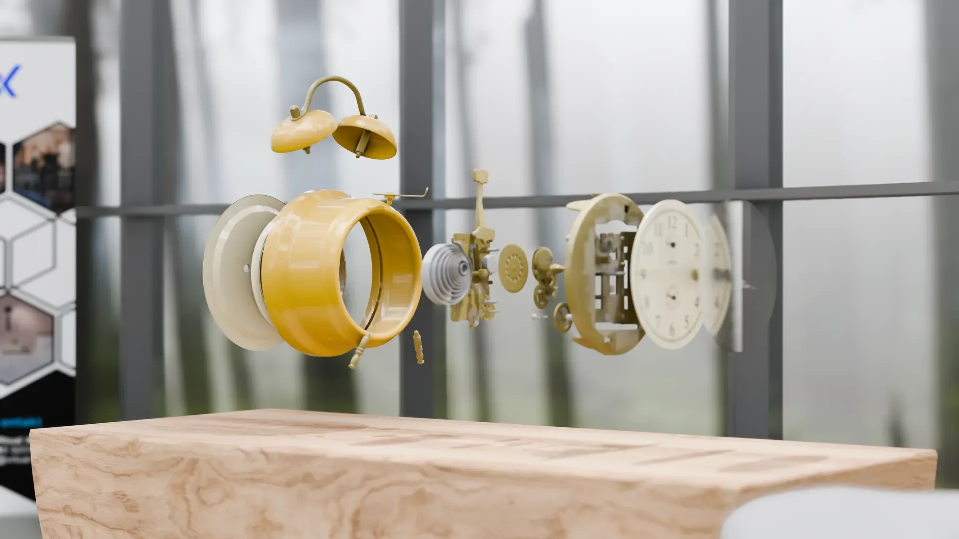 A yellow alarm clock, taken apart into its individual parts, floats above a wooden table in the virtual showroom