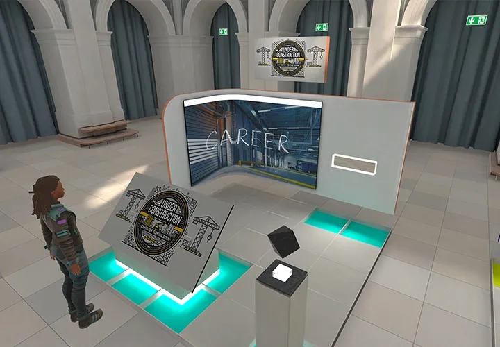 An avatar in front of a virtual booth with the word Career and an “Under Construction” sign