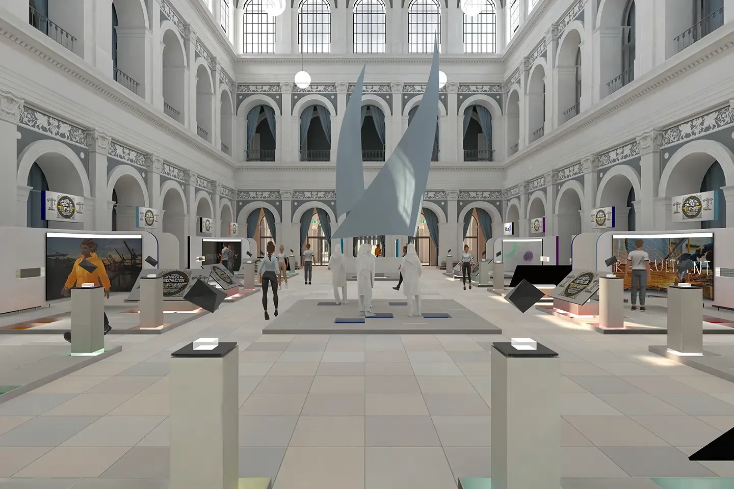 View through the virtual Chamber of Commerce with avatars, booths, and a sail sculpture in the center
