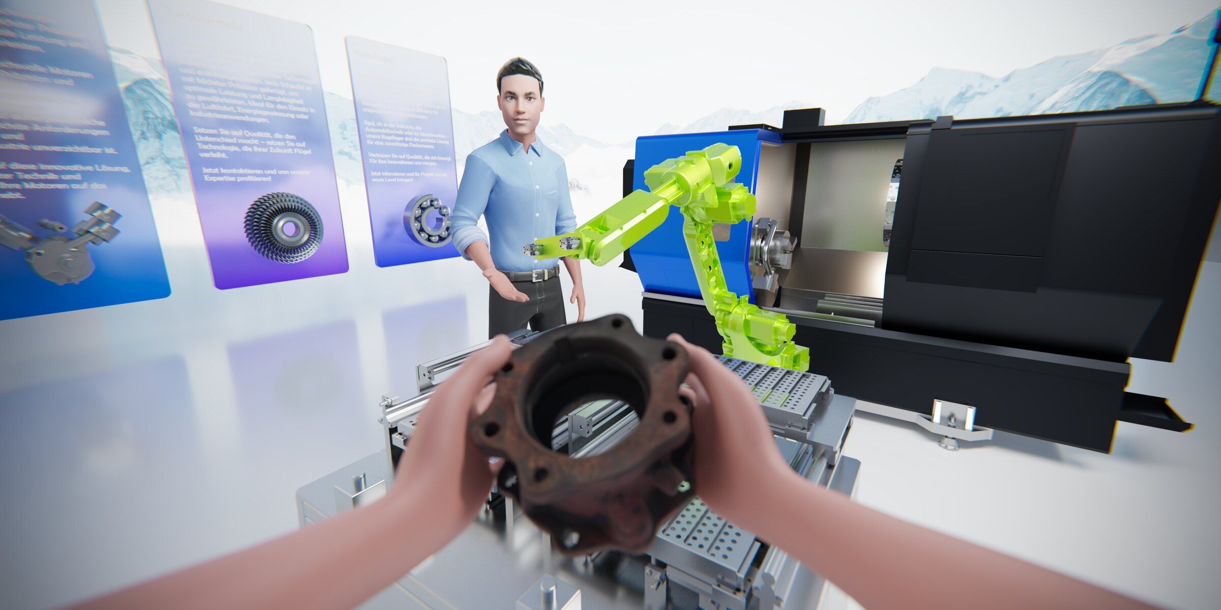 Blick durch die VR-Brille: Zwei Hände halten ein Bauteil, dahinter ein Avatar, ein grüner Roboterarm und eine Werkzeugmaschine