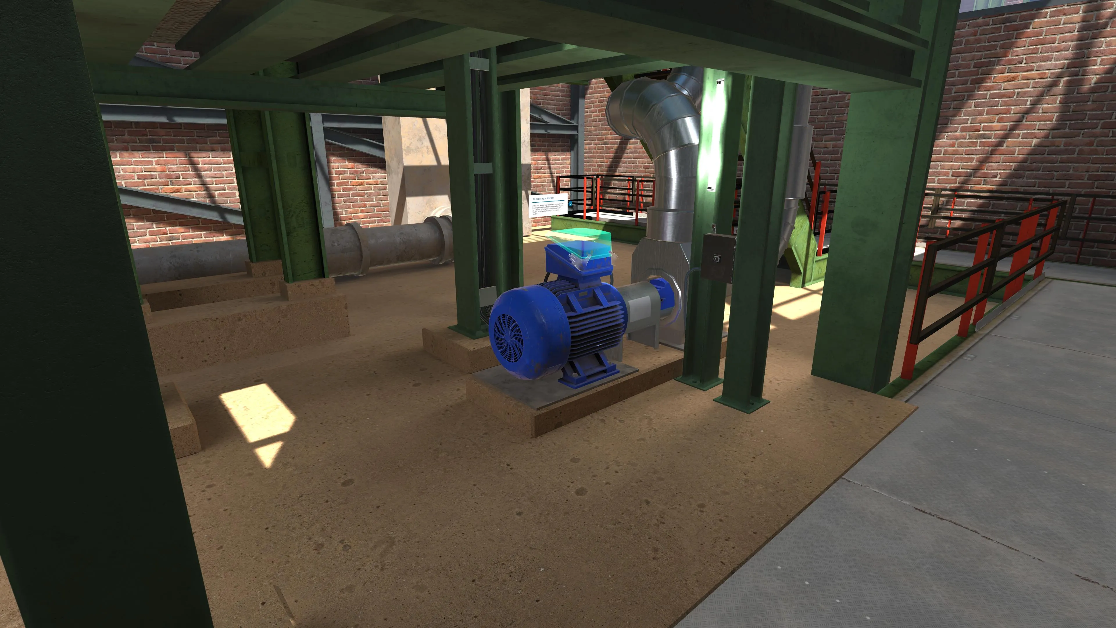 Virtual workshop with steel beams and a blue pump motor with its terminal box highlighted