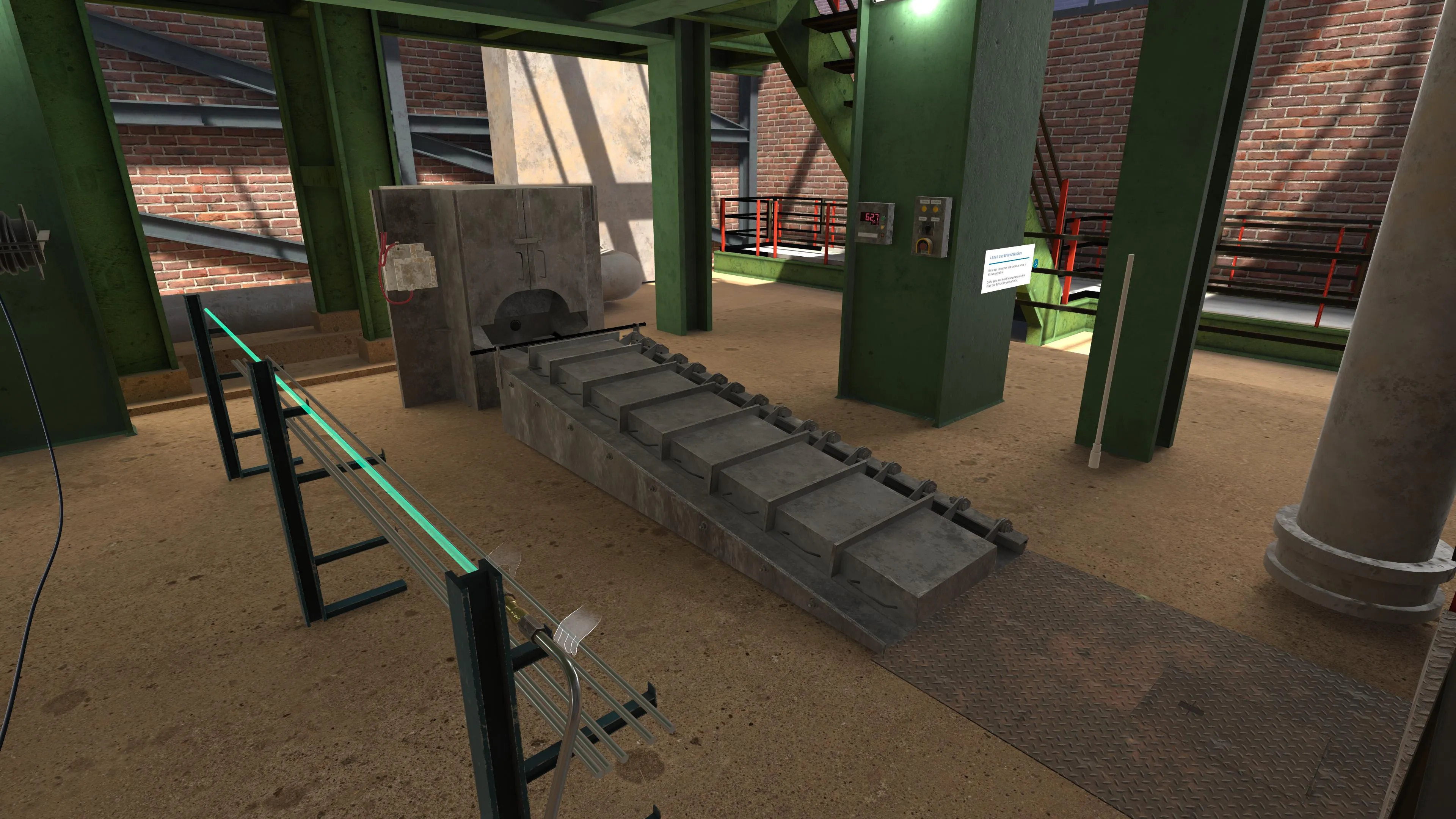 Virtual furnace with a pouring channel, a highlighted sampling rod in a holder in the foreground