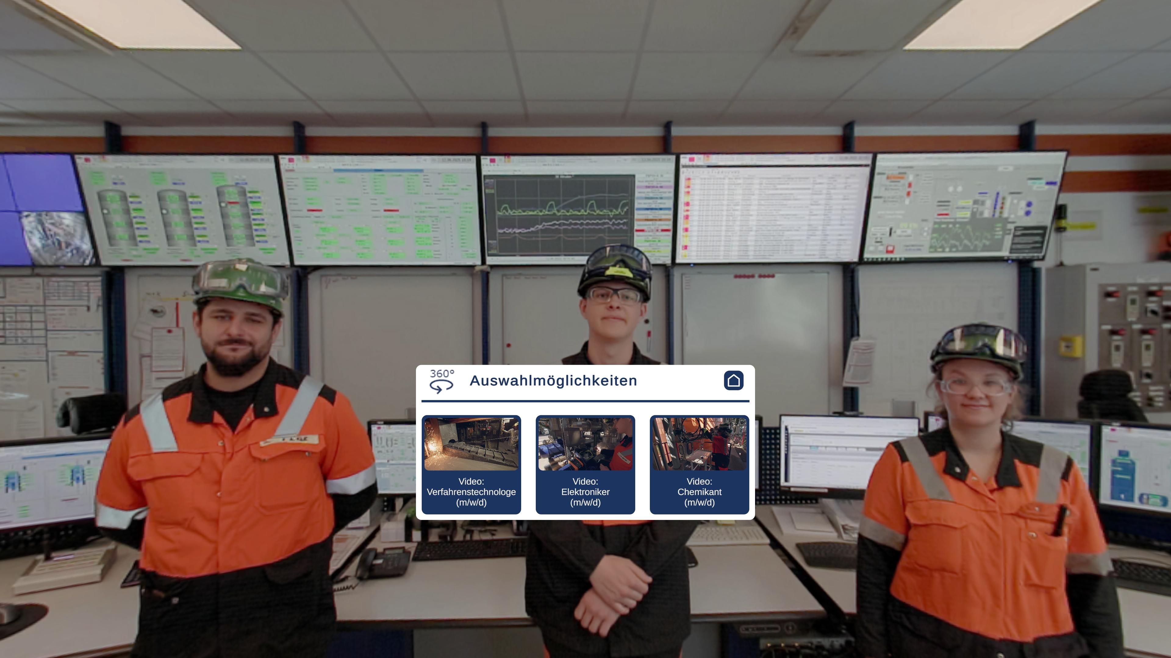 Scene from the 360° video for Aurubis: three apprentices wearing helmets in a control room, with a menu for choosing a job in front of them